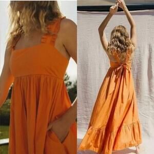 FREE PEOPLE Isabella Tiered Maxi Dress Sunset Glow Orange Pockets FEMININE XS